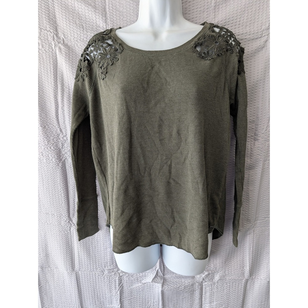 American Eagle Olive Green Waffle Knit Thermal Top Floral Crochet Lace Small